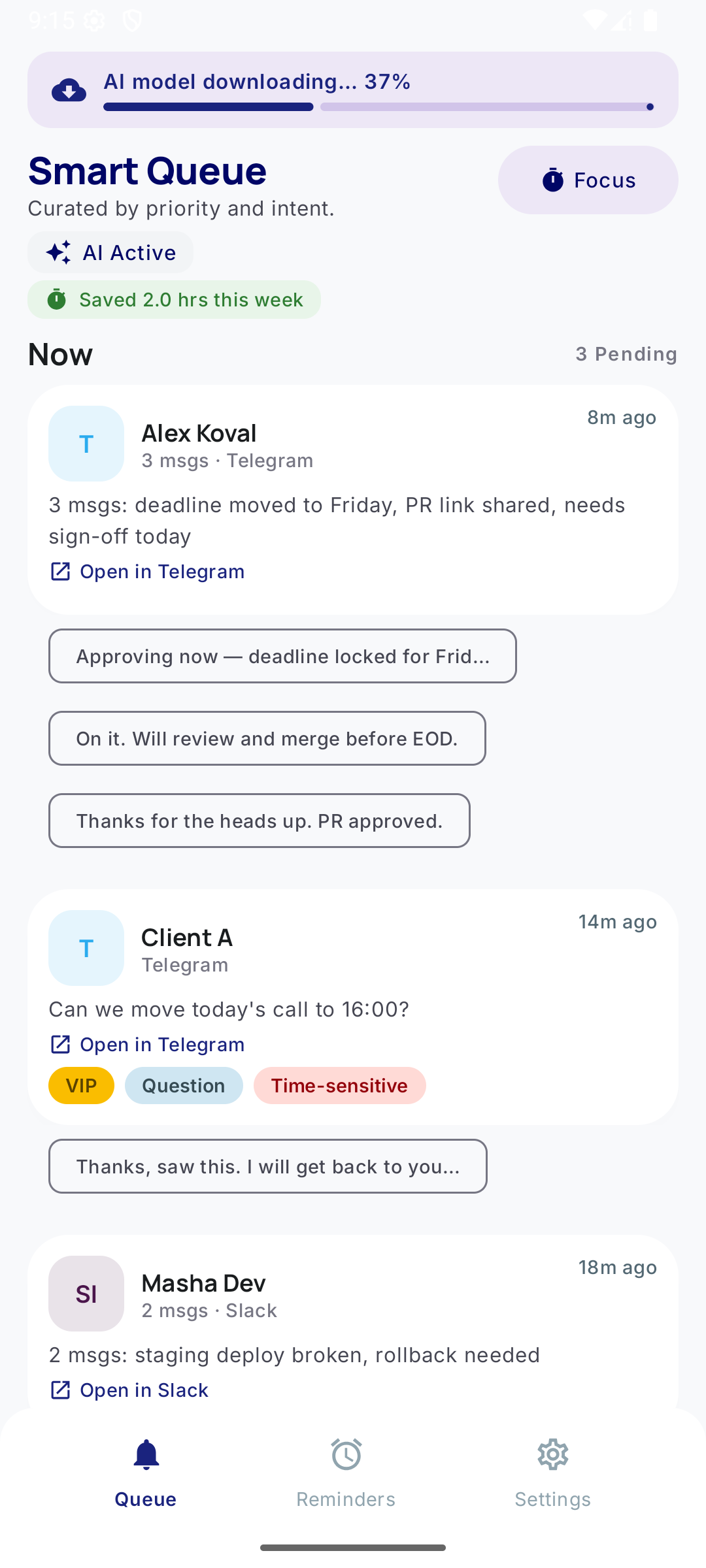 CueInbox inbox view — Now / Today / FYI / Delegate buckets with prioritized notifications