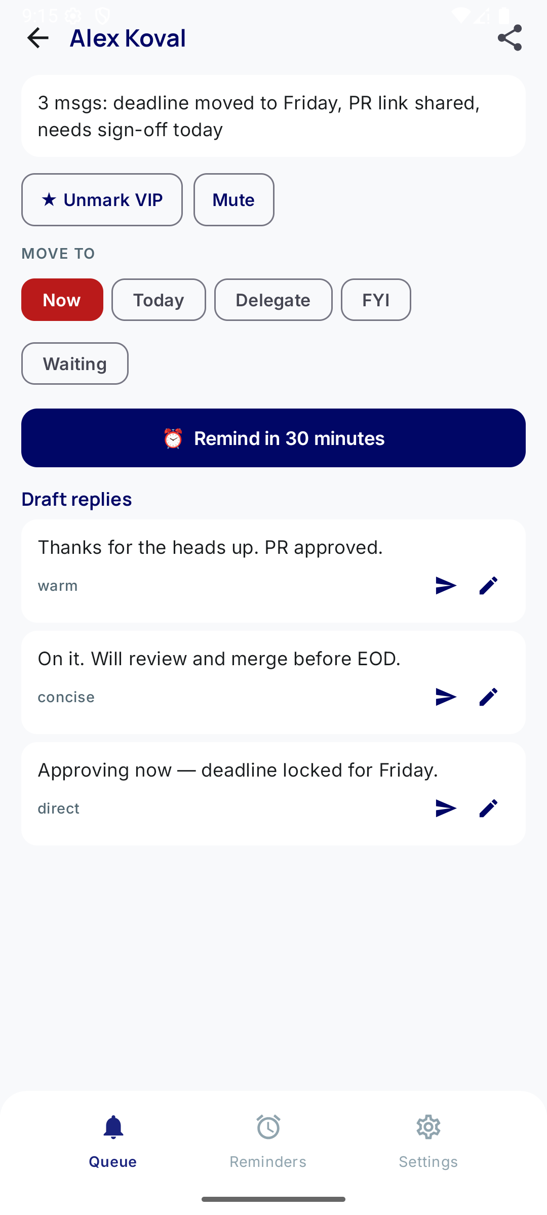 Thread detail — full message context with AI-drafted reply suggestions
