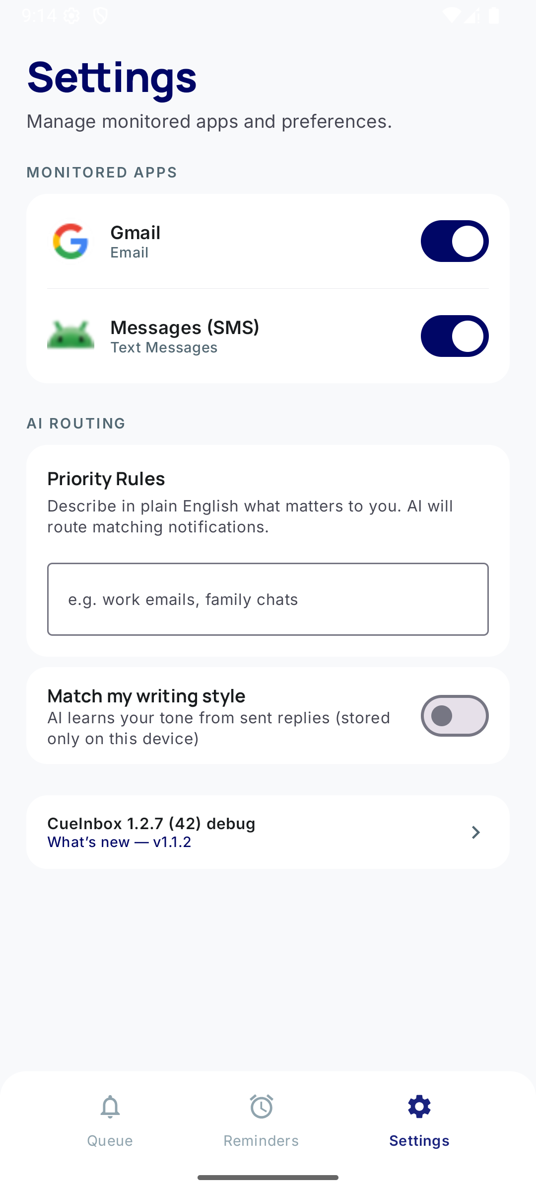 Settings — per-app filters and triage configuration