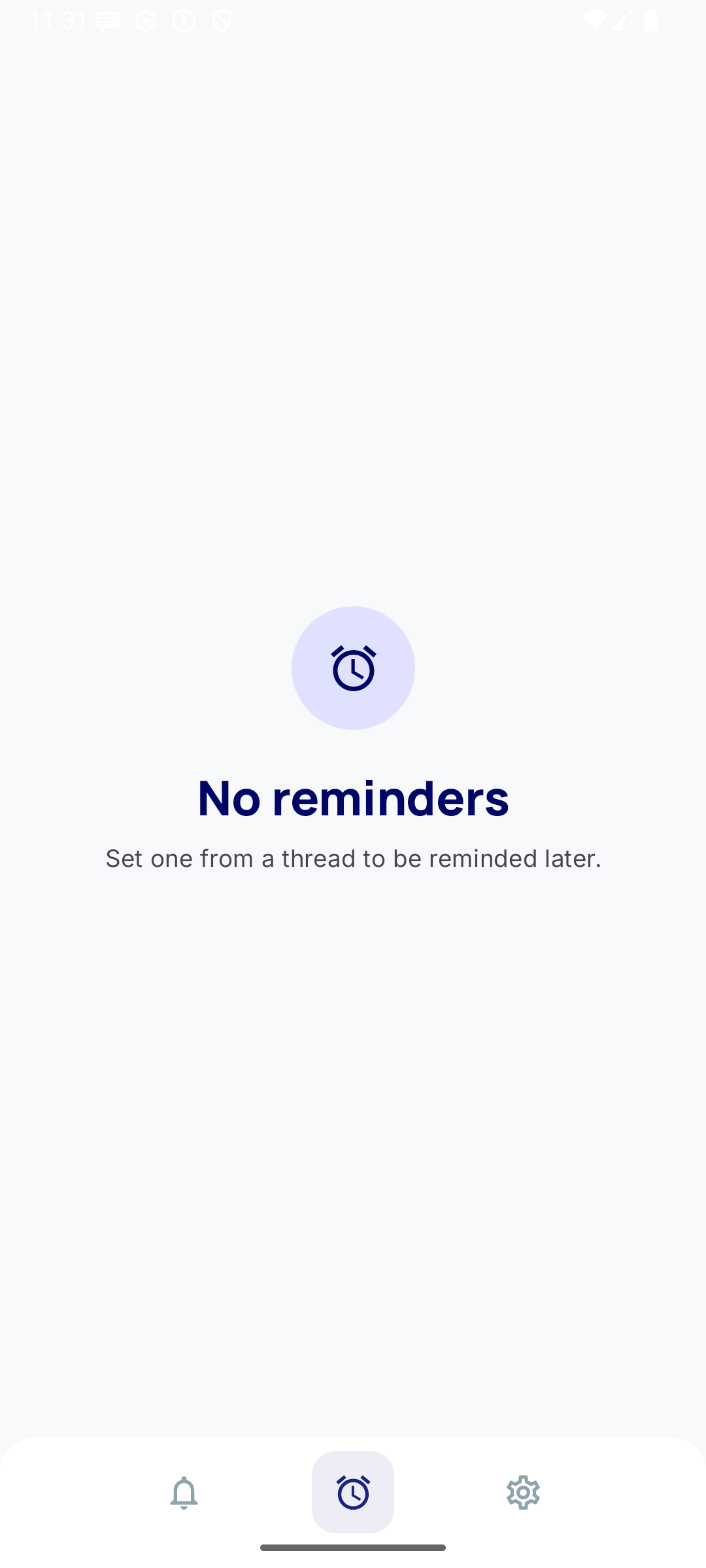 Reminders screen — items snoozed for later with custom timestamps
